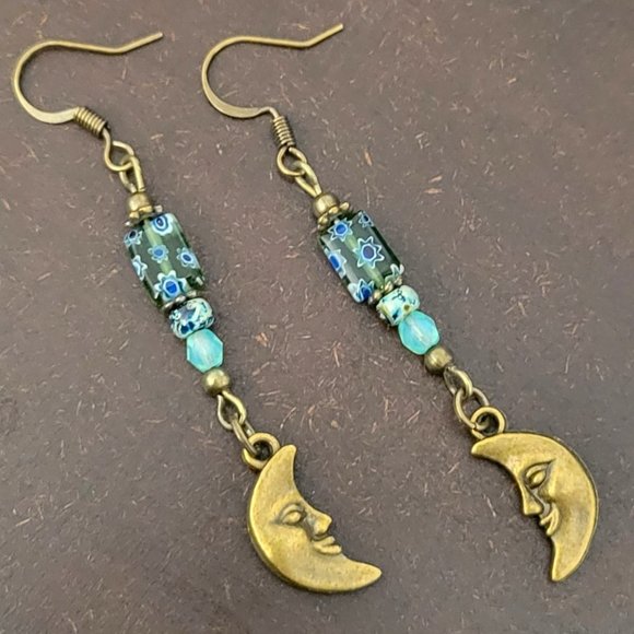 Crescent MOON Face Charm Earrings Millefiori Picasso Bronze Plated Hook Earwires - Picture 1 of 13